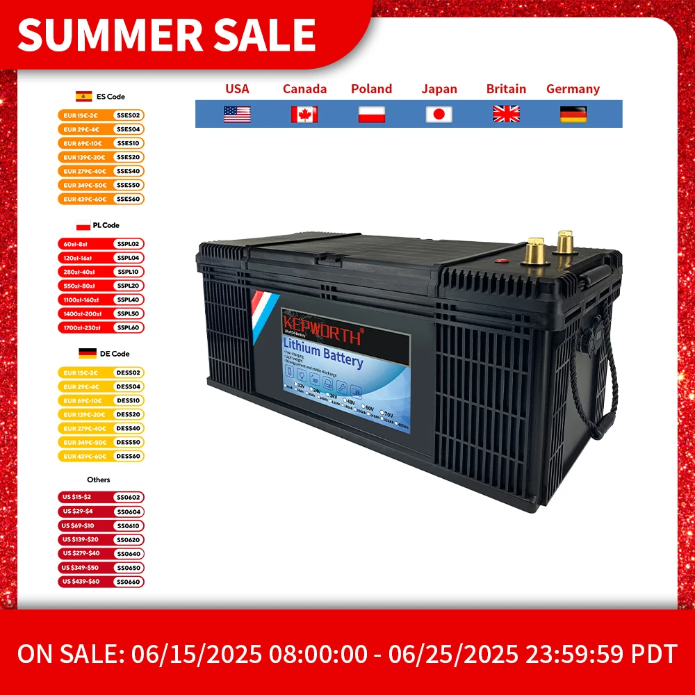 KEPWORTH New 12V 200Ah LiFePO4 Lithium Iron Phosphate Battery 2560Wh For RV Campers Solar Golf Carts Trolling Motor Marine
KEPWORTH New 12V 200Ah LiFePO4 Lithium Iron Phosphate Battery 2560Wh For RV Campers Solar Golf Carts Trolling Motor Marine