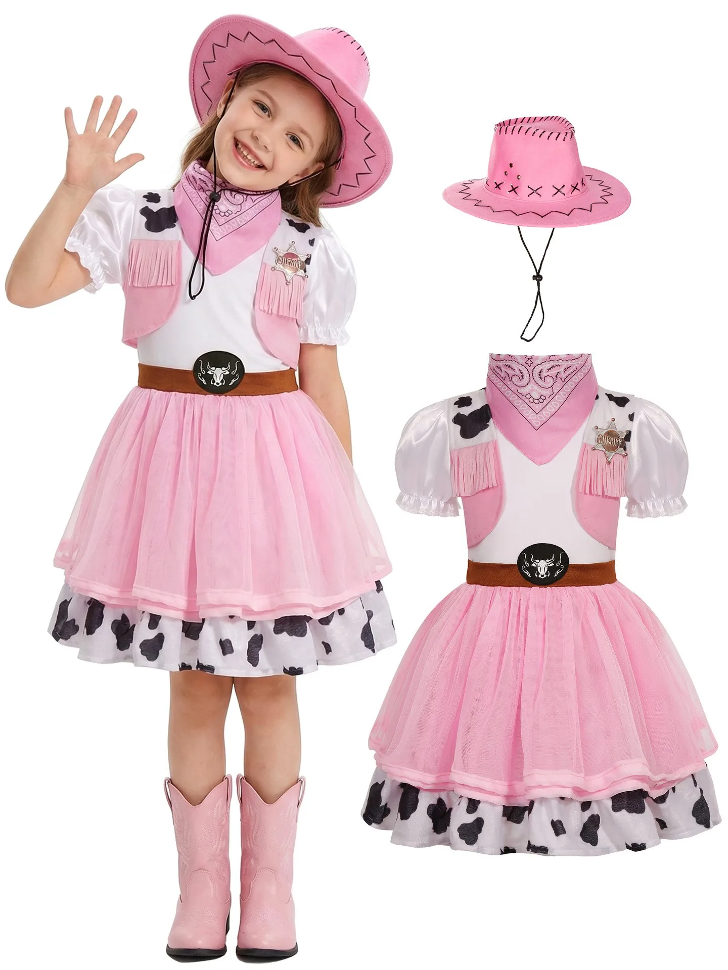 Newly launched export-style girls' western denim skirt Halloween costume, pink denim outfit set, party event performance attire
Newly launched export-style girls' western denim skirt Halloween costume, pink denim outfit set, party event performance attire