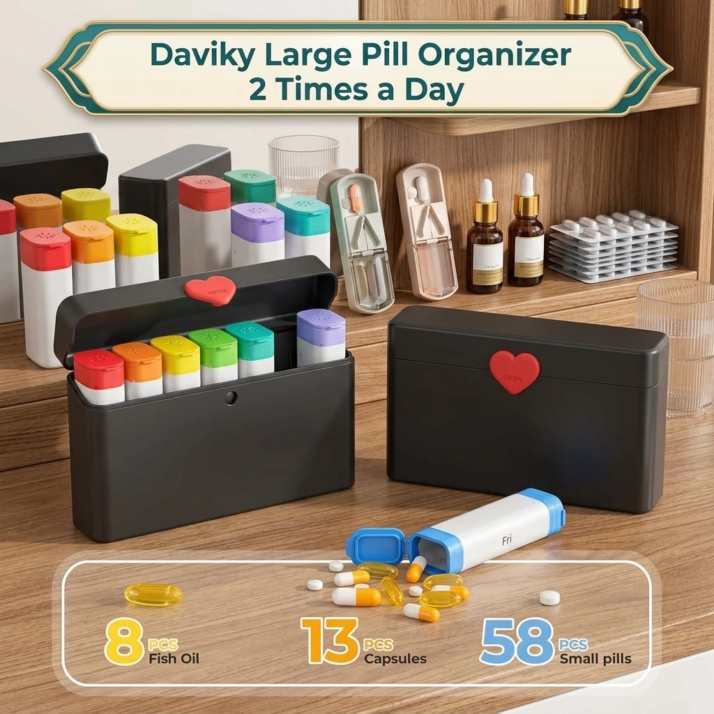 Daviky 7 Day Pill Box 2 Times a Day AM PM Weekly Organizer Large Capacity with Heart Latch Cute Travel Pill Case for Medicine
Daviky 7 Day Pill Box 2 Times a Day AM PM Weekly Organizer Large Capacity with Heart Latch Cute Travel Pill Case for Medicine