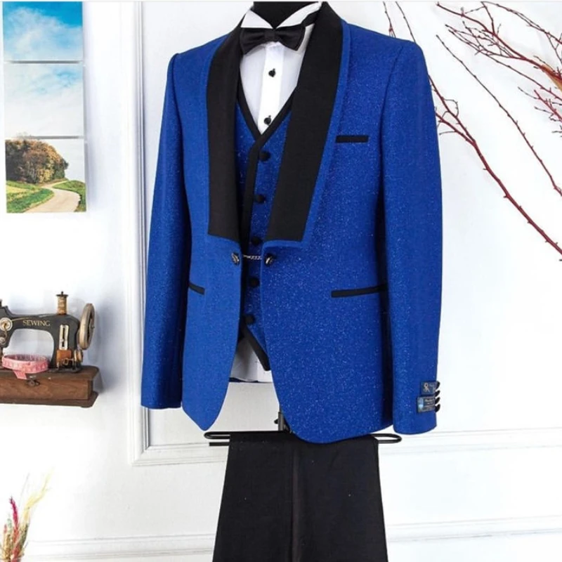 Shiny Royal Blue Wedding Tuxedo for Men Slim Fit Groom Suit with Black Shawl Lapel Formal Blazer 3 Piece Set 2023
Shiny Royal Blue Wedding Tuxedo for Men Slim Fit Groom Suit with Black Shawl Lapel Formal Blazer 3 Piece Set 2023
