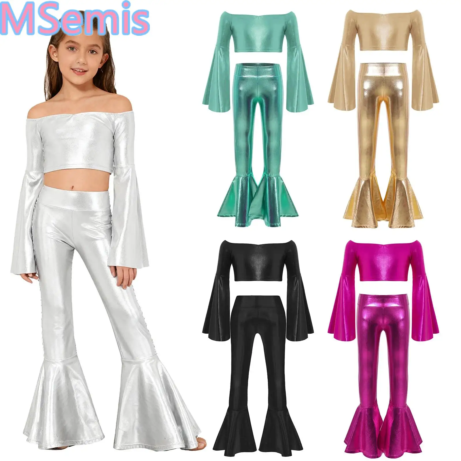 Kids Girls Shiny Dance Outfits Long Flared Sleeve Metallic Crop Top with Elastic Waistband Bell-bottom Pants for Performance
Kids Girls Shiny Dance Outfits Long Flared Sleeve Metallic Crop Top with Elastic Waistband Bell-bottom Pants for Performance