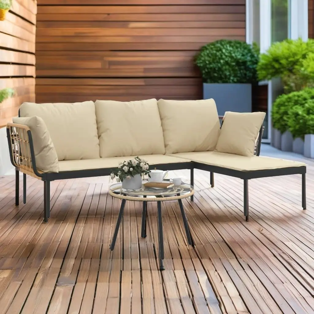 3-Piece Patio Lounge Set with Beige Cushions - Durable Poly Rattan Outdoor Furniture
3-Piece Patio Lounge Set with Beige Cushions - Durable Poly Rattan Outdoor Furniture