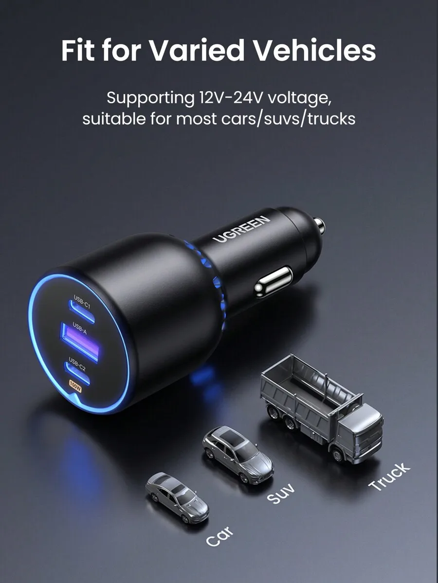 130W Fast Car Charger With USB C And USB A Ports For 12V-24V Vehicles
130W Fast Car Charger With USB C And USB A Ports For 12V-24V Vehicles