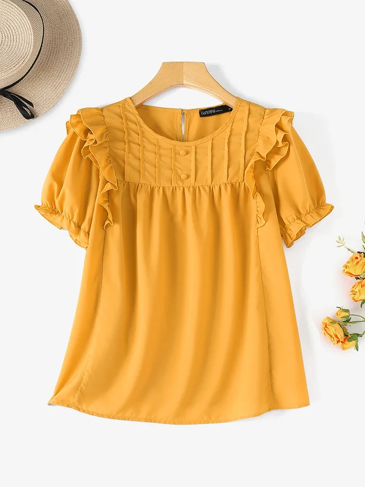 Women Elegant Tops Fashion Ruffled Patchwork Blouse ZANZEA Korean Fashion Puff Short Sleeve Tunic Holiday Pleating Buttons Blusa
Women Elegant Tops Fashion Ruffled Patchwork Blouse ZANZEA Korean Fashion Puff Short Sleeve Tunic Holiday Pleating Buttons Blusa