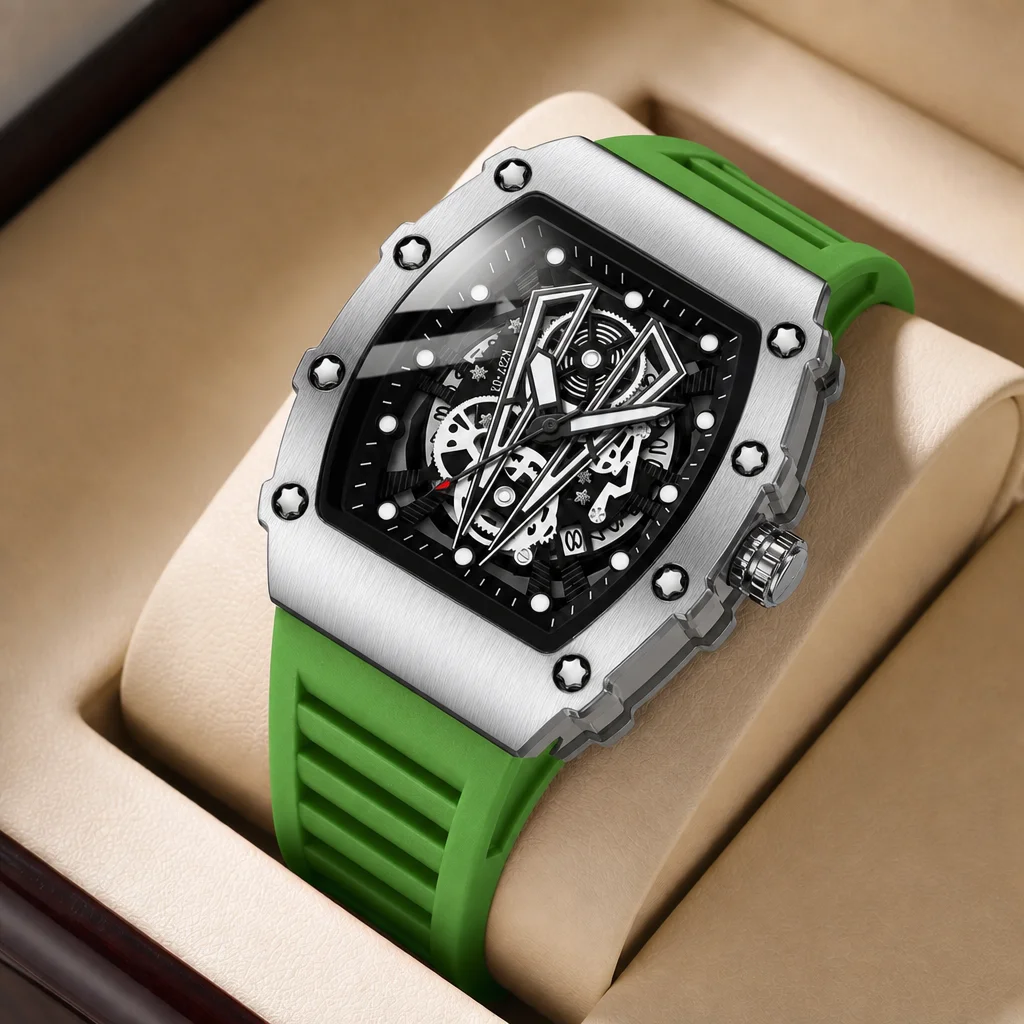1pcs Men's black dial silicone strap vintage fashion tonneau case skeleton sporty details Quartz Watch for daily business party
1pcs Men's black dial silicone strap vintage fashion tonneau case skeleton sporty details Quartz Watch for daily business party