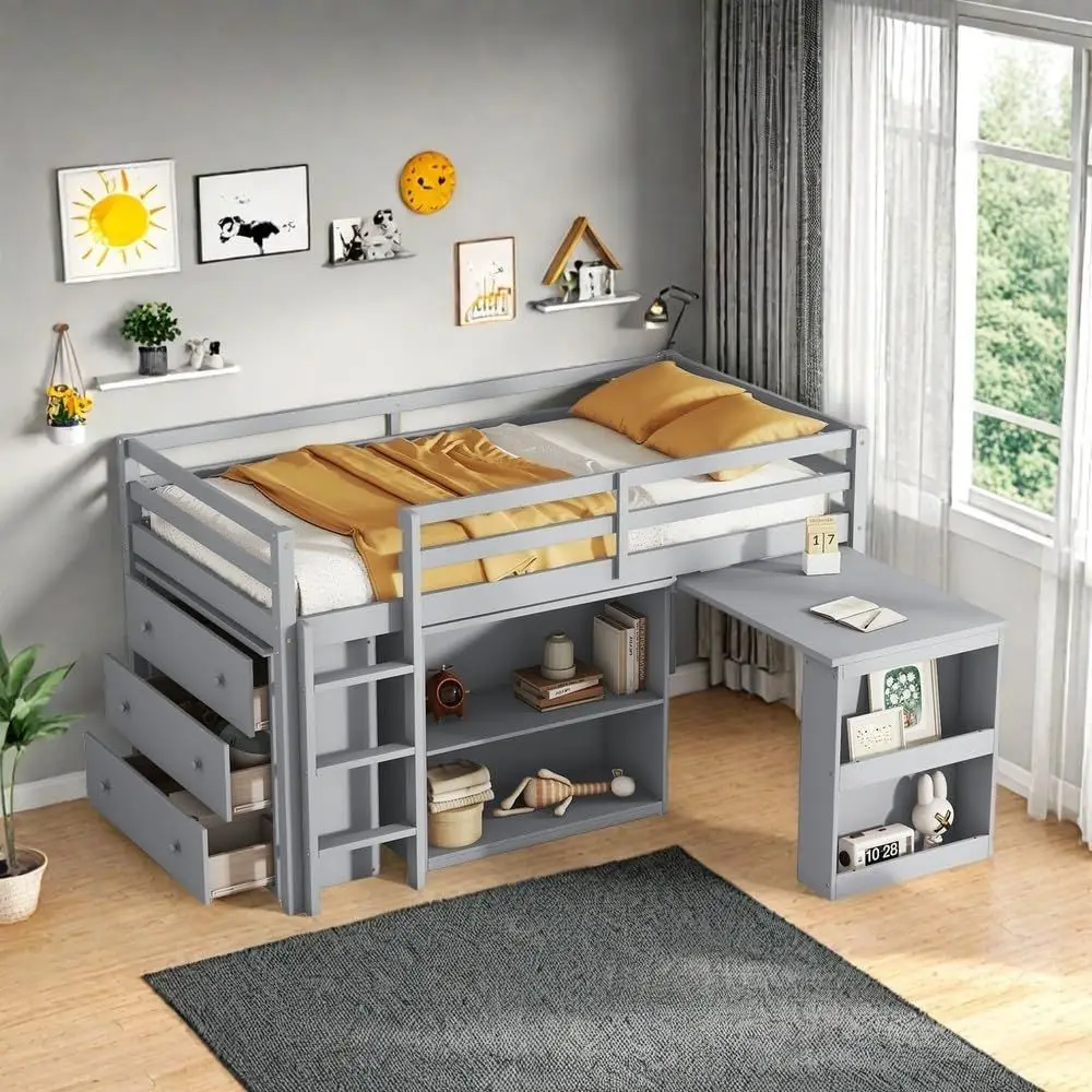 Twin Size Low Loft Bed with Desk, Storage Drawers and Shelves, Suitable for Kids and Teens, Gray Wood Bookshelf
Twin Size Low Loft Bed with Desk, Storage Drawers and Shelves, Suitable for Kids and Teens, Gray Wood Bookshelf