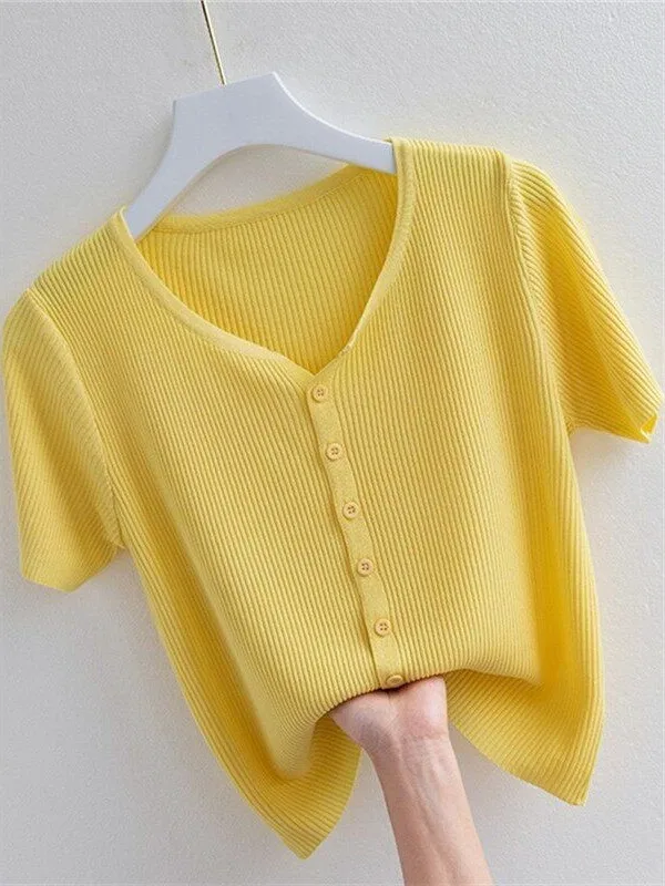 Women's Ice Silk Knitted Top Short Sleeve V-Neck Slimming Open Cardigan Straight Cut Regular Thickness Summer Fashion
Women's Ice Silk Knitted Top Short Sleeve V-Neck Slimming Open Cardigan Straight Cut Regular Thickness Summer Fashion