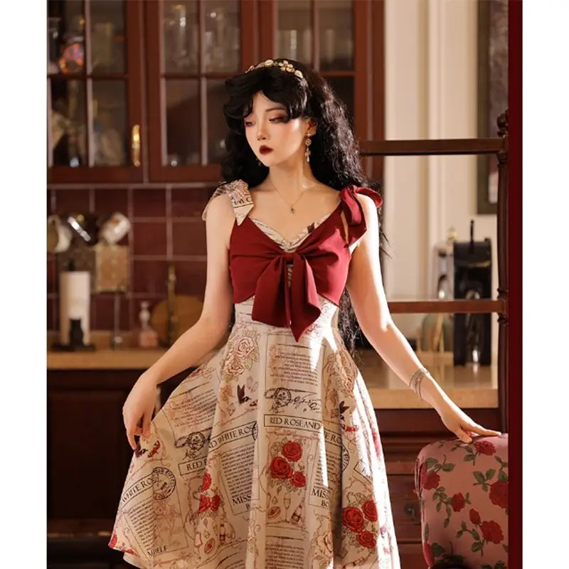 French Retro Elegant Temperament Rose Print Slim Waist Dress Autumn New Tied Bow Strap Dress for Women Classical Evening Dresses
French Retro Elegant Temperament Rose Print Slim Waist Dress Autumn New Tied Bow Strap Dress for Women Classical Evening Dresses