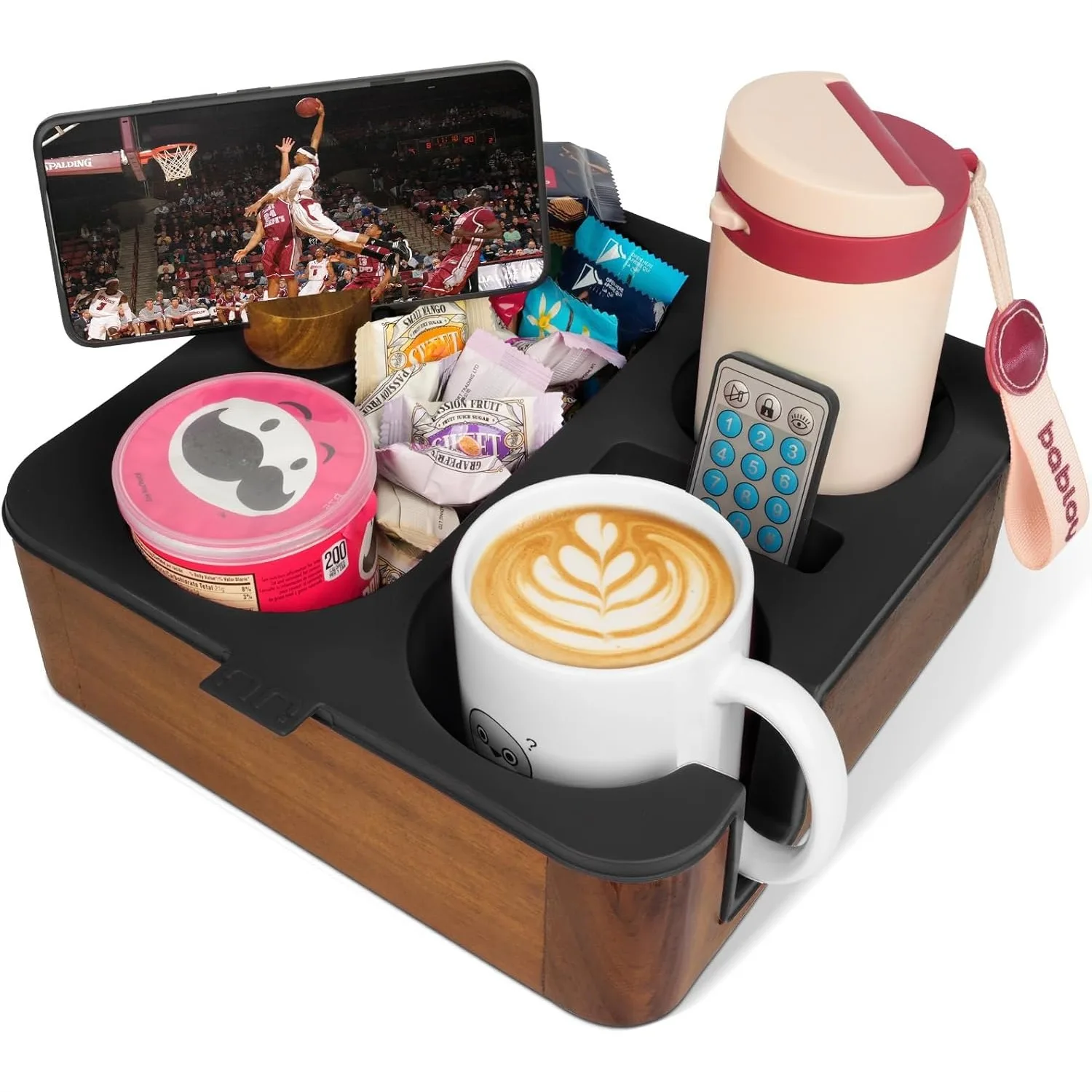 Couch Cup Holder Tray, Real Acacia Wooden Caddy with Soft Silicone, Snack and Drink Organizer for Movie Night - Rotating Phone
Couch Cup Holder Tray, Real Acacia Wooden Caddy with Soft Silicone, Snack and Drink Organizer for Movie Night - Rotating Phone