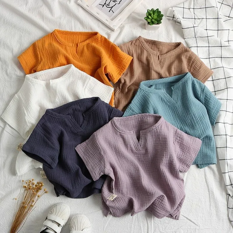 Boys and Girls Summer Short-sleeved T-shirt Baby Children's Personality Korean Literary and Retro Solid Color Top Half Sleeve
Boys and Girls Summer Short-sleeved T-shirt Baby Children's Personality Korean Literary and Retro Solid Color Top Half Sleeve