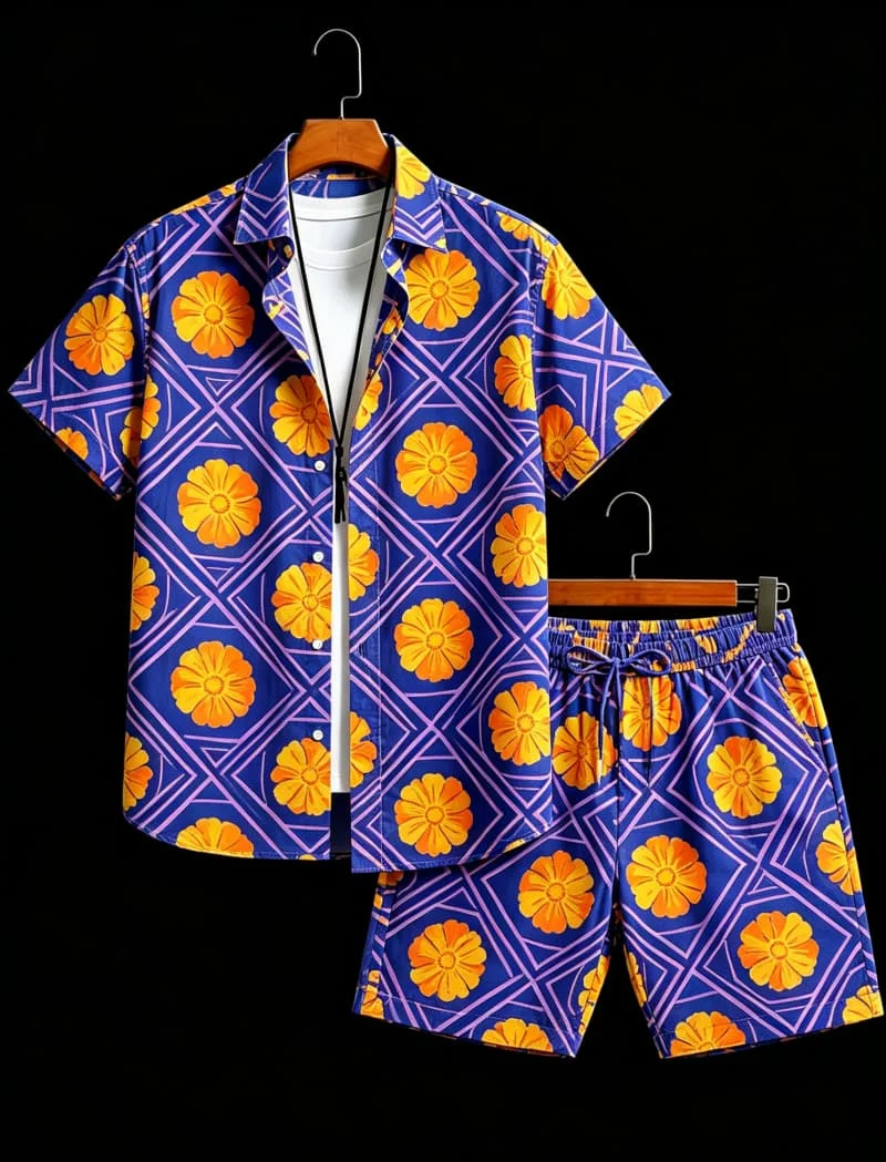 Men's pop art and floral print two-piece set, short sleeved shirt and shorts, for casual gatherings and eye-catching atmosphere
Men's pop art and floral print two-piece set, short sleeved shirt and shorts, for casual gatherings and eye-catching atmosphere