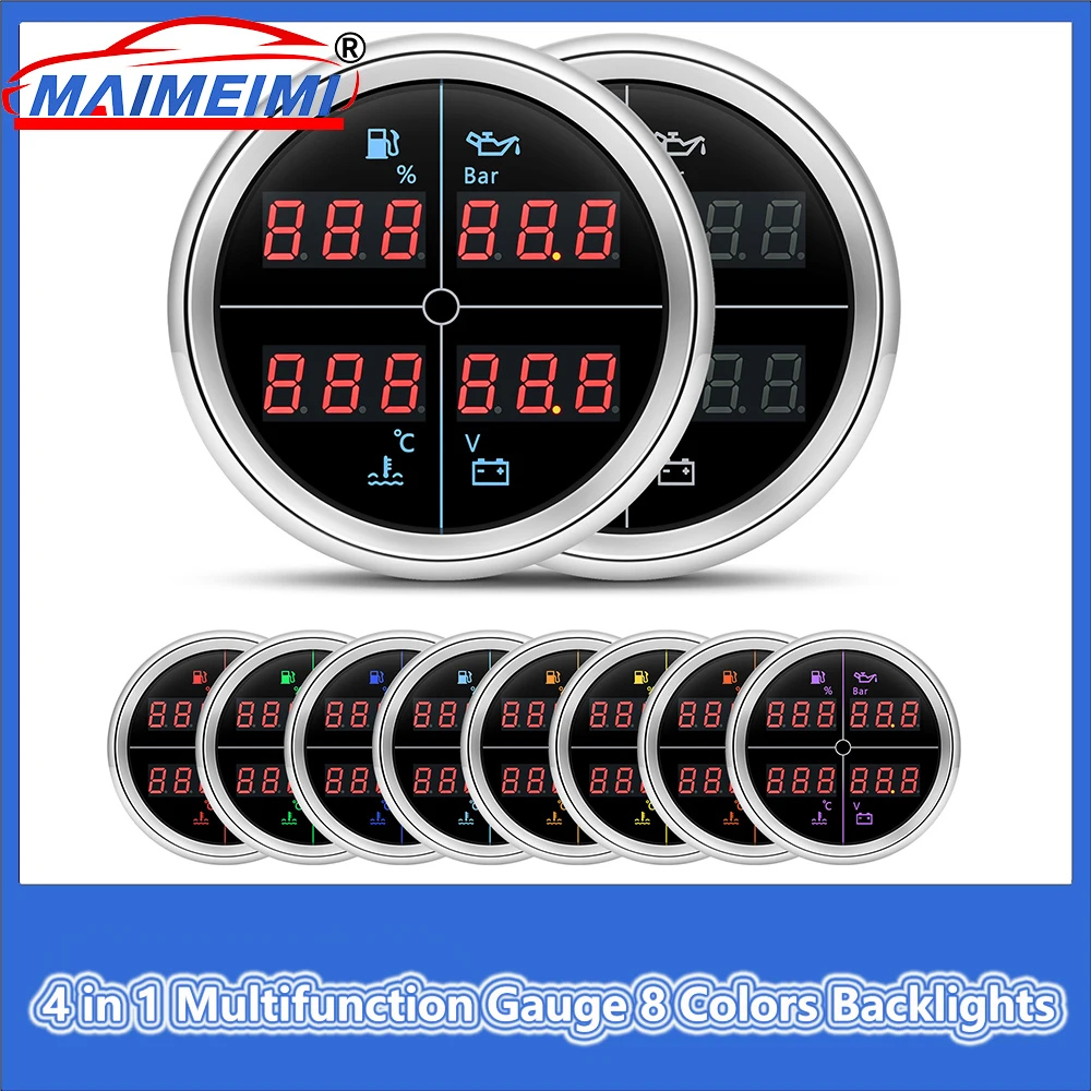 85MM Car Gauge 4 in 1 Fuel Level Oil Pressure Water Temp Voltmeter 8 Colors Backlight Multifunction Gauge for Car Boat 12/24v
85MM Car Gauge 4 in 1 Fuel Level Oil Pressure Water Temp Voltmeter 8 Colors Backlight Multifunction Gauge for Car Boat 12/24v