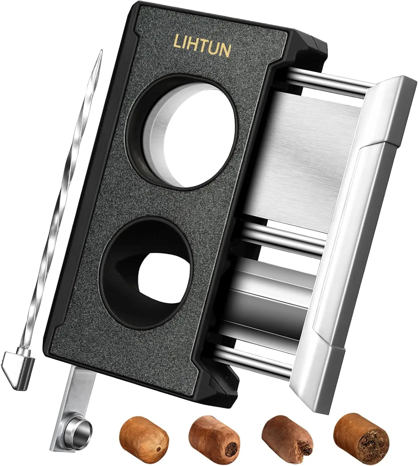 4-in-1 Cigar Cutter Guillotine, One Touch Straight & V Cut, Punch, Draw Enhancer, Stainless Steel, Up to 60 Ring Gauge
4-in-1 Cigar Cutter Guillotine, One Touch Straight & V Cut, Punch, Draw Enhancer, Stainless Steel, Up to 60 Ring Gauge