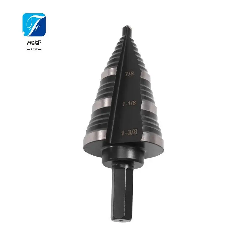 A55F-High-Speed Steel Inch Step Drill, 3/8" Hexagonal Shank Nitrided Pagoda Drill, 7/8-1-3/8" Stainless Steel Hole Opening
A55F-High-Speed Steel Inch Step Drill, 3/8" Hexagonal Shank Nitrided Pagoda Drill, 7/8-1-3/8" Stainless Steel Hole Opening