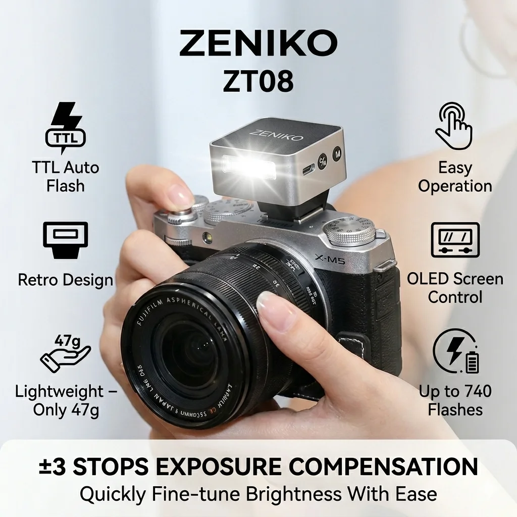 ZENIKO ZT08 Portable Mini TTL Flash Light Quick Release Hot Shoe for Sony Canon R50 Z50 II Fujifilm XM5 Ricoh GR3 Cameras
ZENIKO ZT08 Portable Mini TTL Flash Light Quick Release Hot Shoe for Sony Canon R50 Z50 II Fujifilm XM5 Ricoh GR3 Cameras