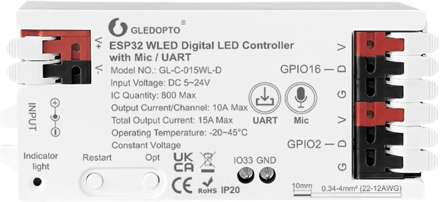 GLEDOPTO ESP32 WLED Controller for RGB Addressable LED Strips, WiFi App & Music Control, Easy Wiring, Supports WS2811/WS2812