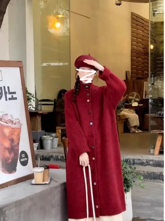 Korean Sle High Collar Red Knitted Sweater Coat Women's Winter Faion Lazy Chic Medium Length Open Cardigan
Korean Sle High Collar Red Knitted Sweater Coat Women's Winter Faion Lazy Chic Medium Length Open Cardigan