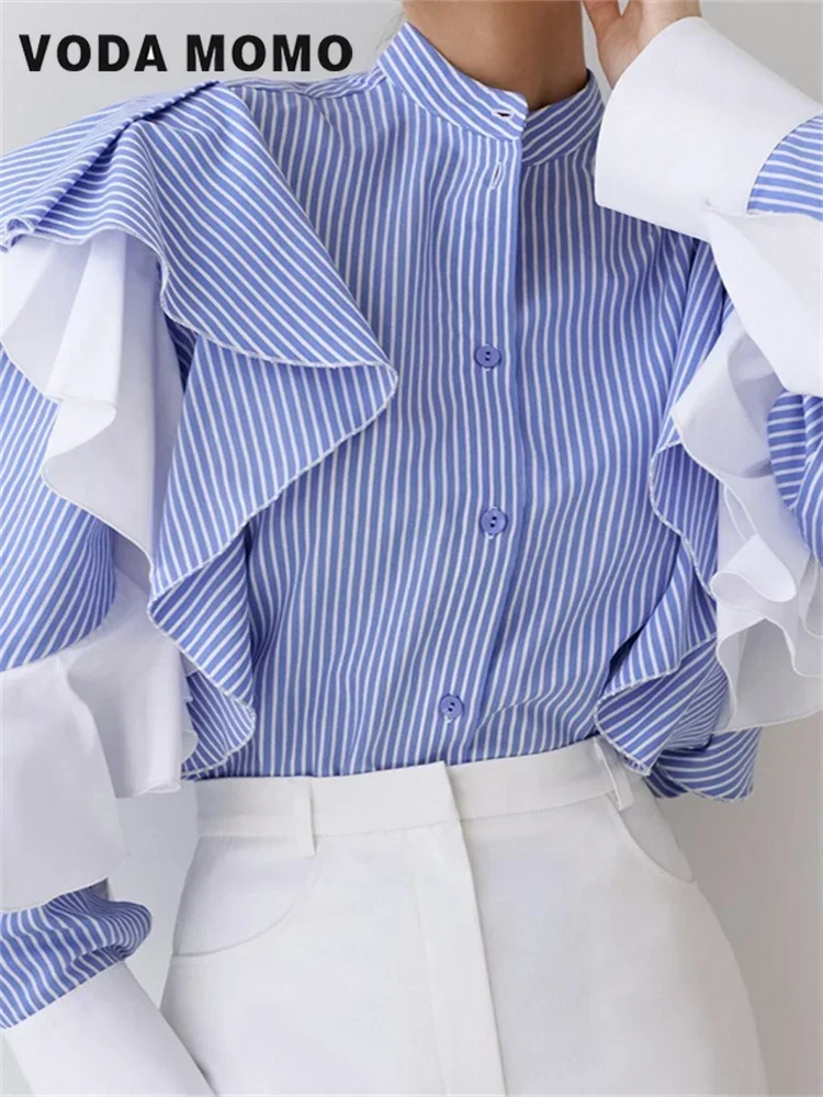 Элегантные повседневные однобортные рубашки Blusas, женские рубашки с воротником-стойкой, весенние лоскутные полосатые блузки с рюшами и рукавами, универсальные французские блузки
Элегантные повседневные однобортные рубашки Blusas, женские рубашки с воротником-стойкой, весенние лоскутные полосатые блузки с рюшами и рукавами, универсальные французские блузки
