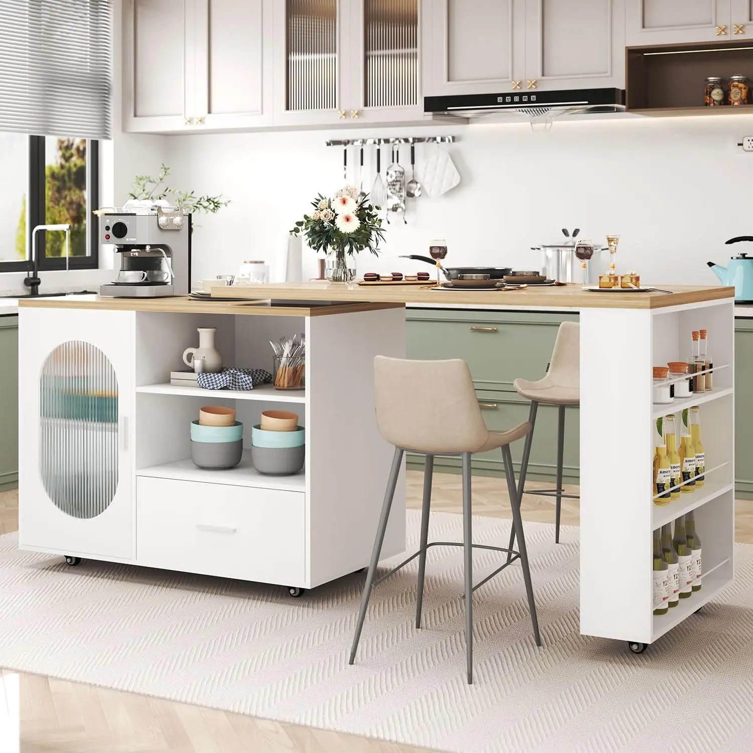 72.4” Rolling Kitchen Island with Swivel Table, Storage Cabinet, Drawers & Shelves, White Modern Mobile Island Cart on Wheels,
72.4” Rolling Kitchen Island with Swivel Table, Storage Cabinet, Drawers & Shelves, White Modern Mobile Island Cart on Wheels,