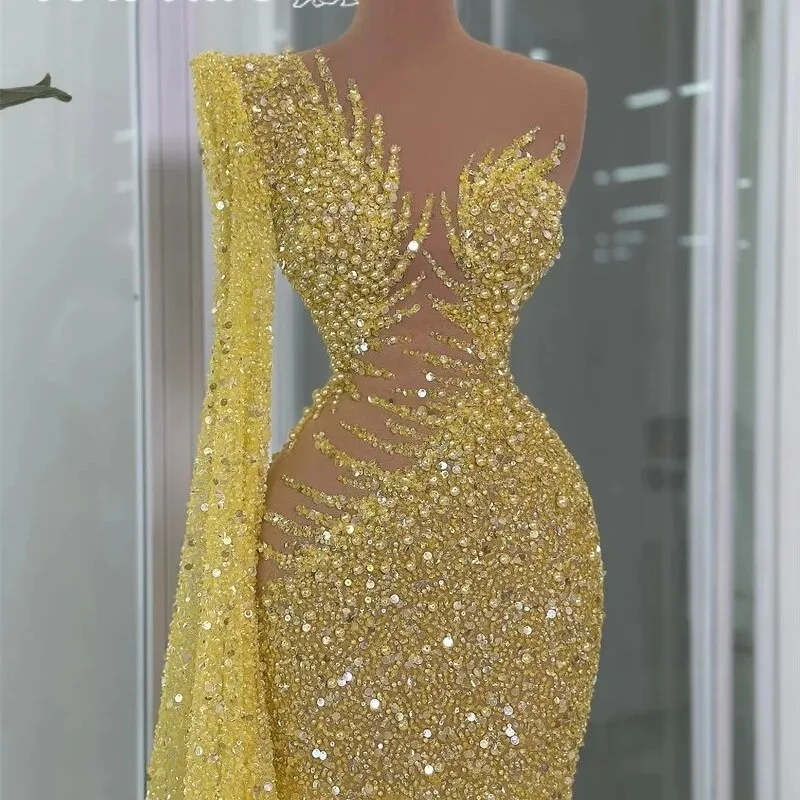 Fashionable one-shoulder yellow beaded sequined long-sleeved dress for performance and party occasions
Fashionable one-shoulder yellow beaded sequined long-sleeved dress for performance and party occasions