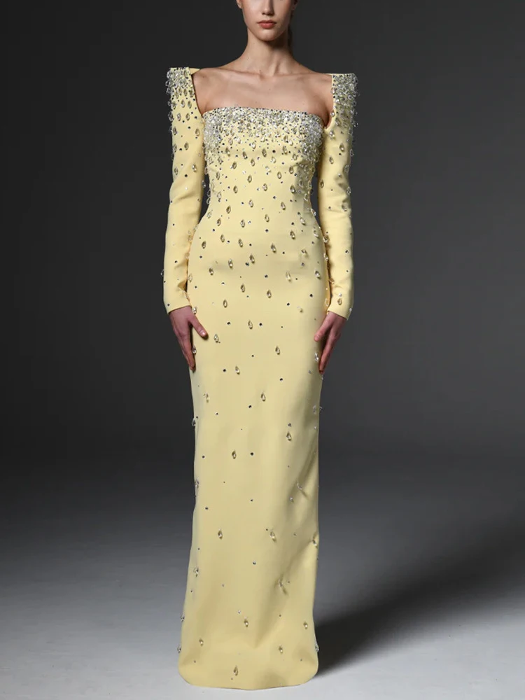 Sexy Square Collar Luxury Diamonds Maxi Dress Women Yellow Long Sleeves Crystal Beaded Slim Dresses Evening Party Gowns
Sexy Square Collar Luxury Diamonds Maxi Dress Women Yellow Long Sleeves Crystal Beaded Slim Dresses Evening Party Gowns