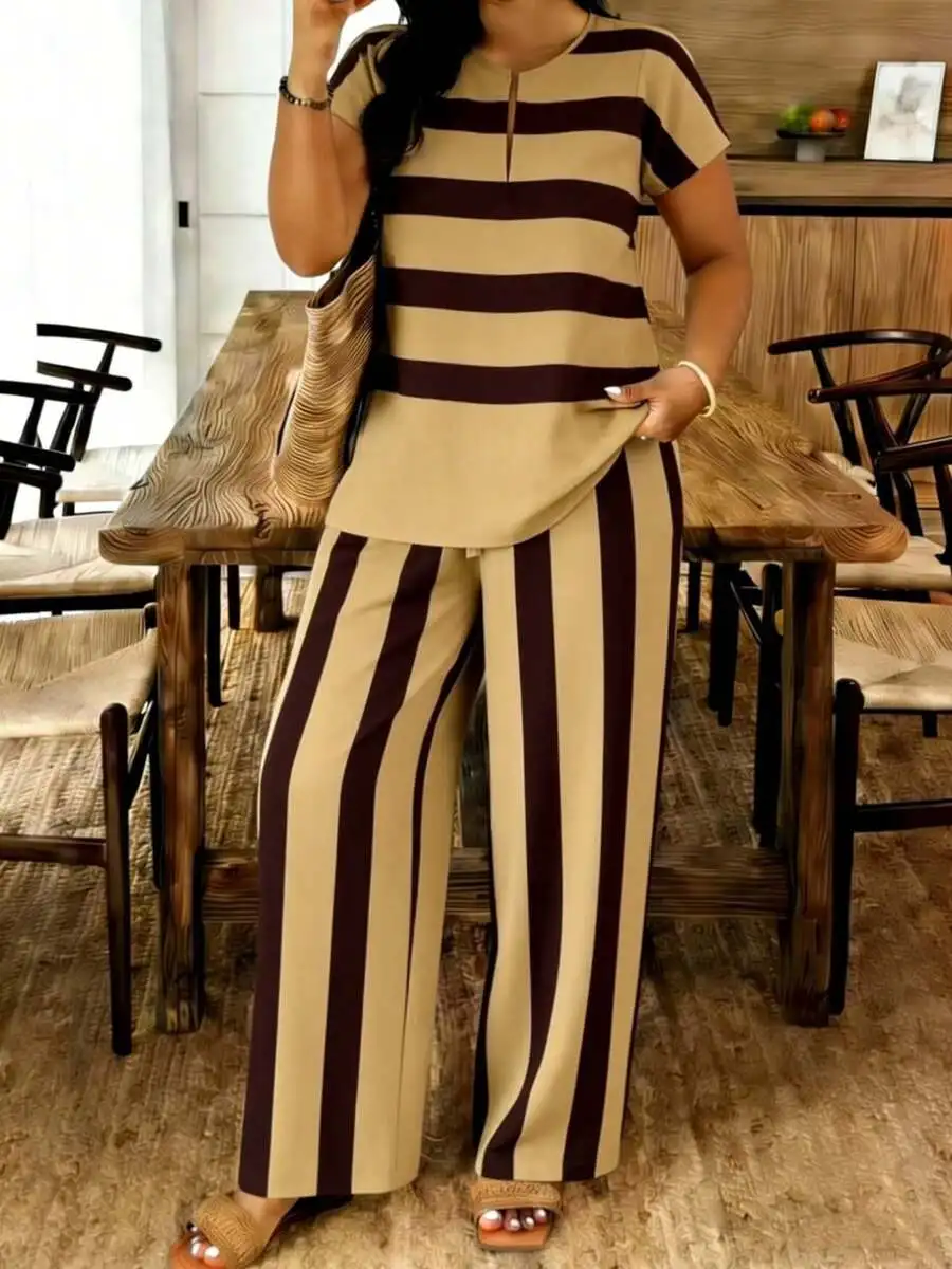 Plus Size Women Striped Notch Neck Short Sleeve Wide Leg Pants Set Beige Brown Woven Fabric Casual Summer
Plus Size Women Striped Notch Neck Short Sleeve Wide Leg Pants Set Beige Brown Woven Fabric Casual Summer