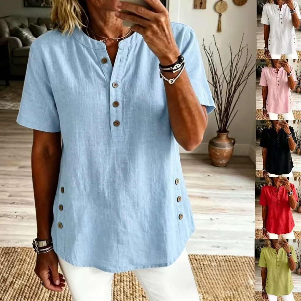 Summer Short Sleeve Loose Tops For Women 2026 Fashion Cotton Linen Solid Color V-Neck Button Shirts Casual Daily Basic Blouses
Summer Short Sleeve Loose Tops For Women 2026 Fashion Cotton Linen Solid Color V-Neck Button Shirts Casual Daily Basic Blouses