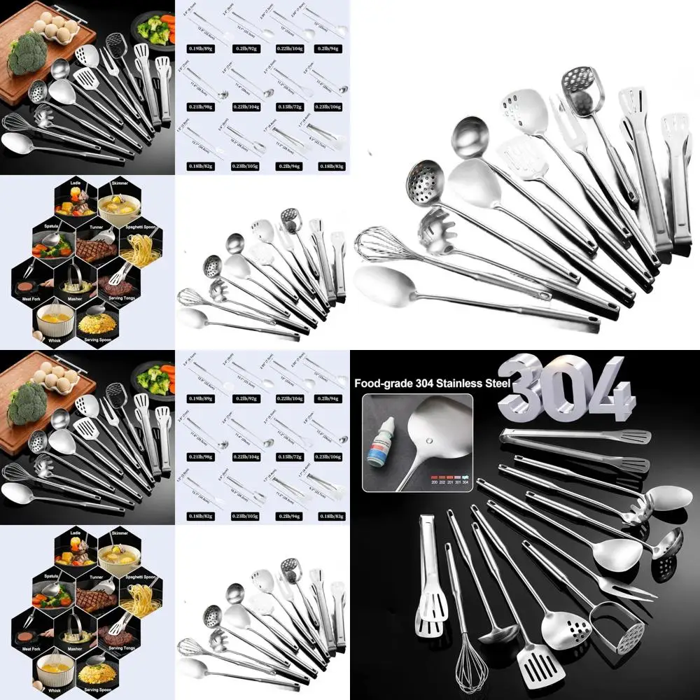 12-Piece Stainless Steel Kitchen Tools Set: Spatulas, Ladle, Skimmer, Turners, Serving Spoon, Spaghetti Spoon, Fork, Potato Mash
12-Piece Stainless Steel Kitchen Tools Set: Spatulas, Ladle, Skimmer, Turners, Serving Spoon, Spaghetti Spoon, Fork, Potato Mash