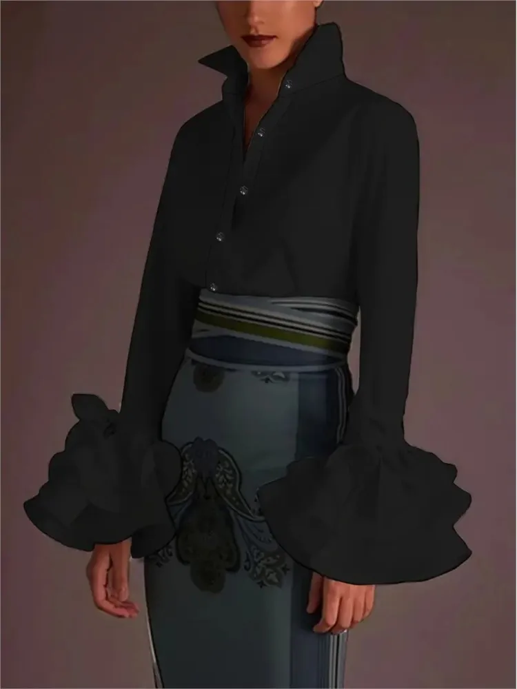 Fashion Solid Ruffles Shirt For Women Casual Long Sleeve Turn-down Collar Button Shirts Tops Lady Elegant Office Womens Clothing
Fashion Solid Ruffles Shirt For Women Casual Long Sleeve Turn-down Collar Button Shirts Tops Lady Elegant Office Womens Clothing
