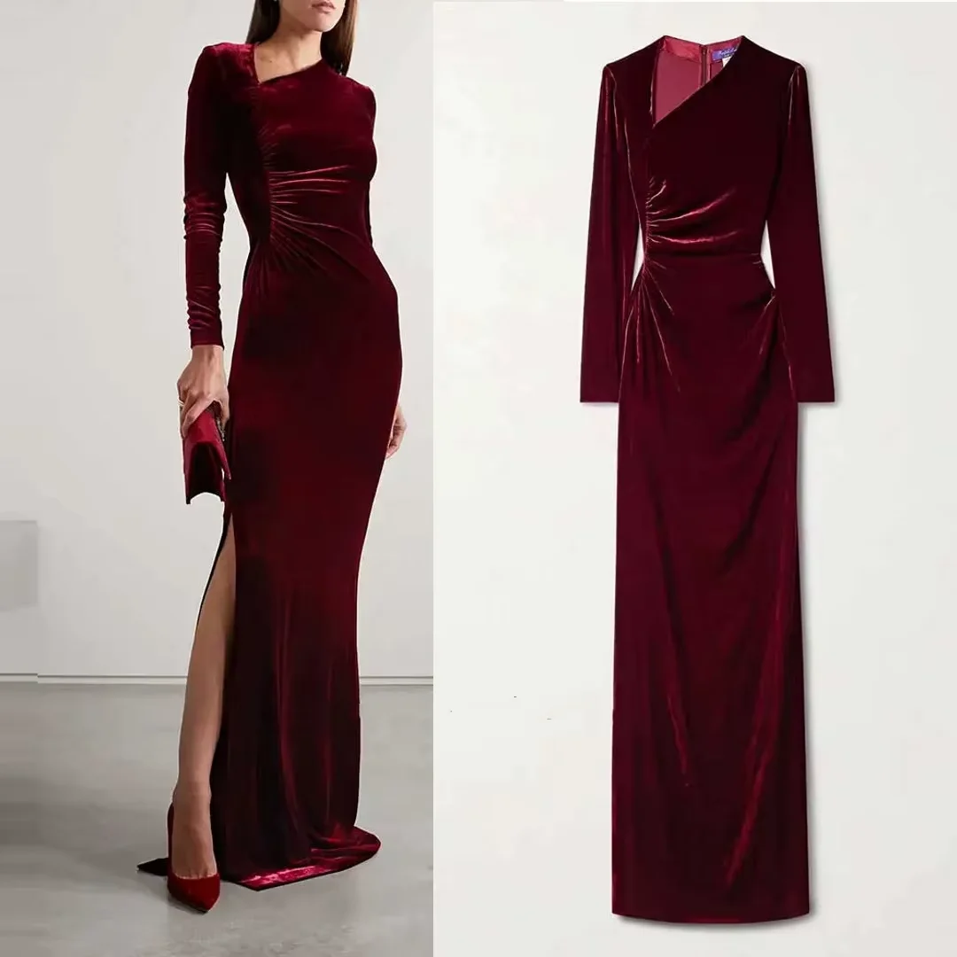 Flora Dress Red Velvet Mermaid Prom Dress Long SLeeves Pleated 2025 Customized Evening Gowns Slit Saudi Arabia Party Gowns
Flora Dress Red Velvet Mermaid Prom Dress Long SLeeves Pleated 2025 Customized Evening Gowns Slit Saudi Arabia Party Gowns