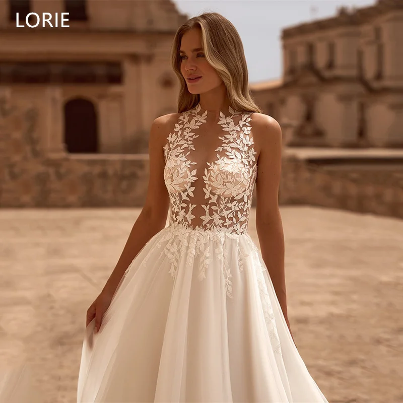 LORIE Illussion Lace Appliques Wedding Dresse A-Line High Neck Bridal Gown Sleeveless Button Floor-Length Bride Gowns Customized
LORIE Illussion Lace Appliques Wedding Dresse A-Line High Neck Bridal Gown Sleeveless Button Floor-Length Bride Gowns Customized