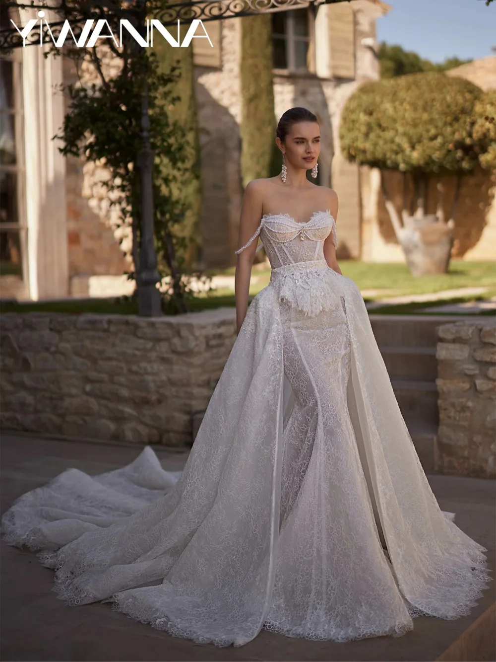 Lace Detachable Train Wedding Dress Shinny Pearls Sweetheart Neck Bridal Gown Customized Dreamy Mermaid Dresses For Bride
Lace Detachable Train Wedding Dress Shinny Pearls Sweetheart Neck Bridal Gown Customized Dreamy Mermaid Dresses For Bride