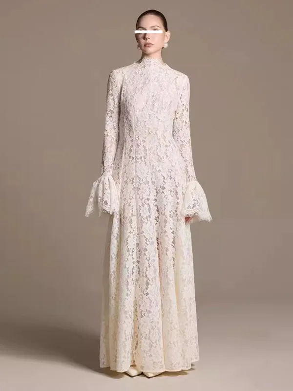 Elegant Lace Long Dress Women's Stand Collar Bell Sleeve Slim Fit Evening Gown Luxury Fashionable mid Waist Ball Dress
Elegant Lace Long Dress Women's Stand Collar Bell Sleeve Slim Fit Evening Gown Luxury Fashionable mid Waist Ball Dress