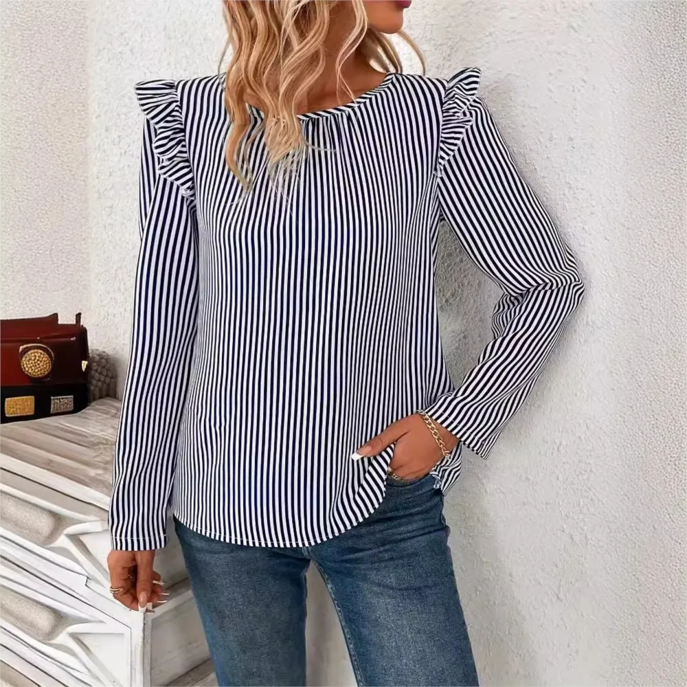 Blue Striped Back Button Slit Design Shirt Women's Fashionable New Ruffle Splicing Long Sleeved Pullover Blouses Femme Blusas
Blue Striped Back Button Slit Design Shirt Women's Fashionable New Ruffle Splicing Long Sleeved Pullover Blouses Femme Blusas