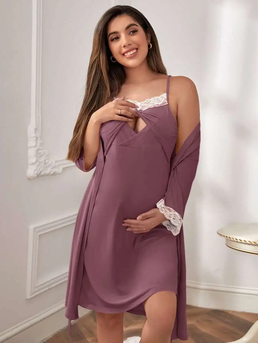 Maternity Lace Trim Robe And Slip Dress For Women Fall Winter
Maternity Lace Trim Robe And Slip Dress For Women Fall Winter