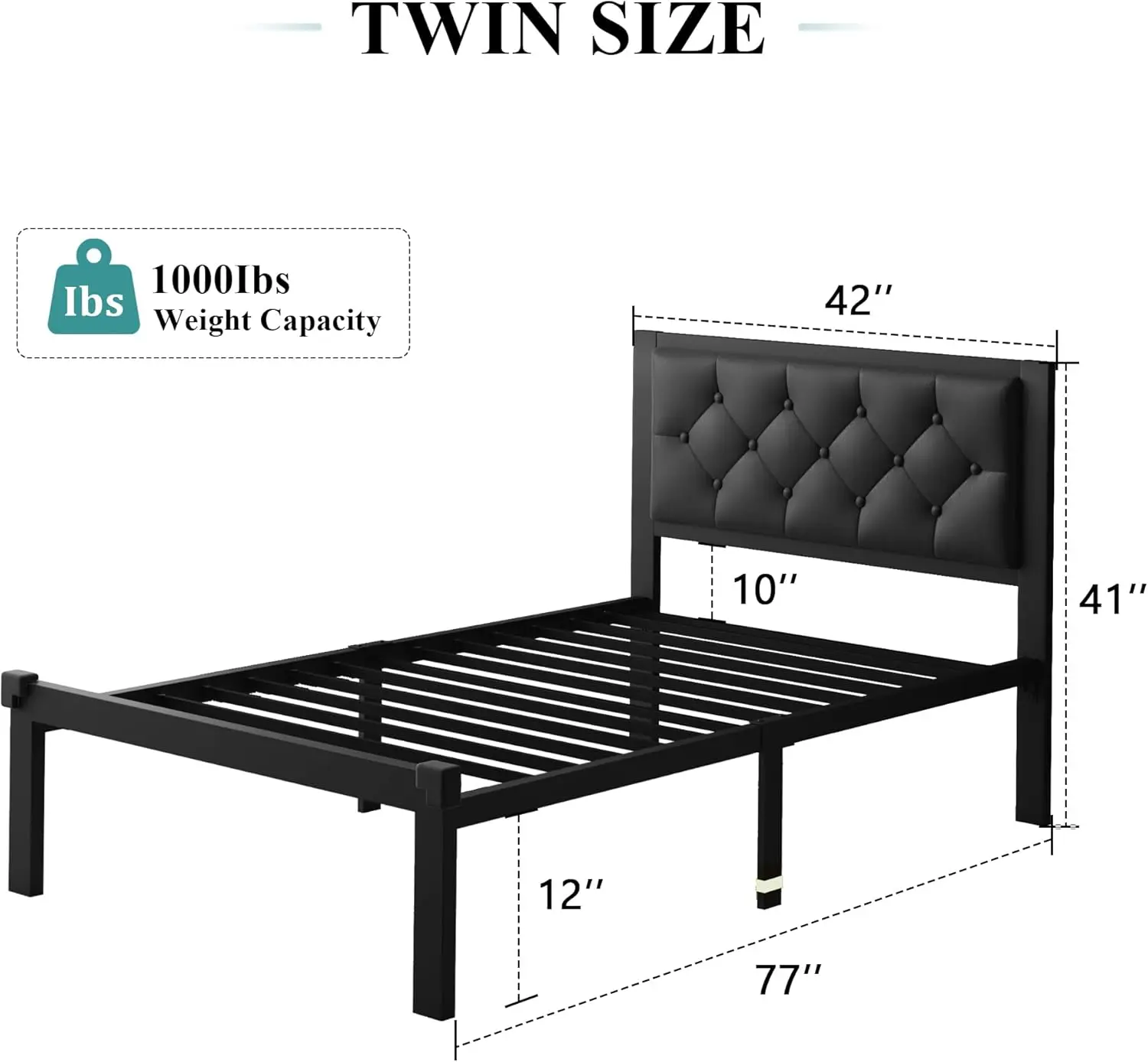 Twin Size Metal Bed Frame, Faux Leather Platform Bed Frame with Button Tufted Headboard, 12" Underbed Space, Steel Slats , Black
Twin Size Metal Bed Frame, Faux Leather Platform Bed Frame with Button Tufted Headboard, 12" Underbed Space, Steel Slats , Black