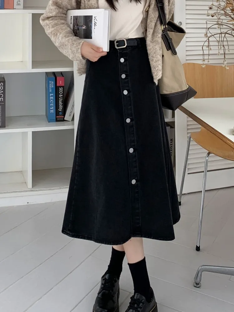 Women Denim Skirts A-line Midi Length Button Vintage Korean Elegant Female Designed Streetwear All-match Trend Simple
Women Denim Skirts A-line Midi Length Button Vintage Korean Elegant Female Designed Streetwear All-match Trend Simple