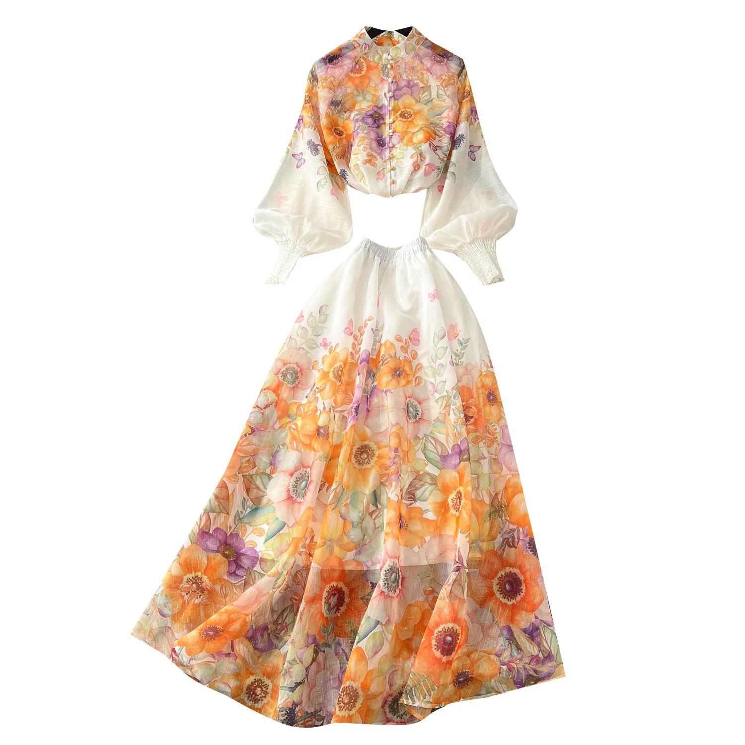 summer women's suit Printed vacation style stand up collar lantern sleeves slimming shirt high waist large swing long skirt 
summer women's suit Printed vacation style stand up collar lantern sleeves slimming shirt high waist large swing long skirt