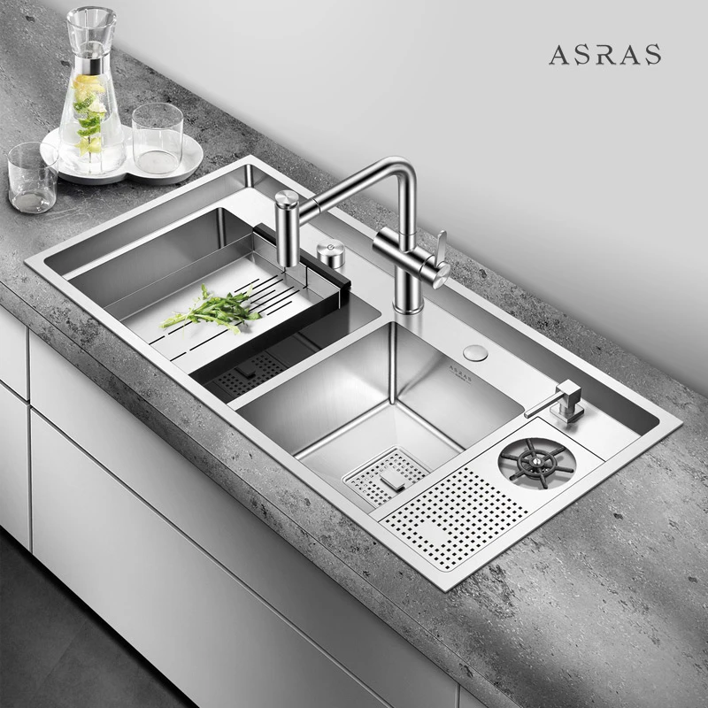 ASRAS Kitchen Double Sink Handmade Brushed 4mm Thickness Large Size 4 Holes Double Kitchen Sink With Cup Rinser Sinks
ASRAS Kitchen Double Sink Handmade Brushed 4mm Thickness Large Size 4 Holes Double Kitchen Sink With Cup Rinser Sinks