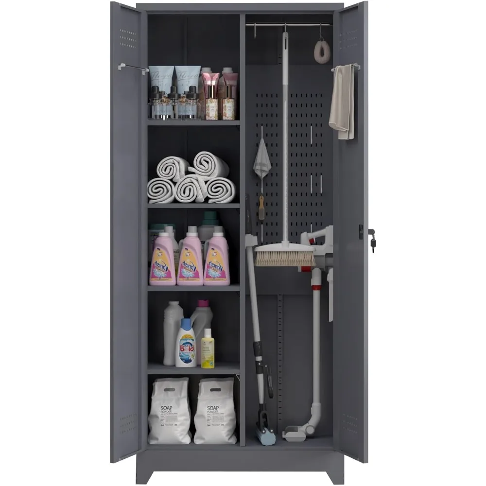 Metal Tool Storage Cabinet, Broom Closet with Hooks, 72.8" Tall Garage Cabinet with Shelves, Heavy-Duty Cleaning Storage for Uti
Metal Tool Storage Cabinet, Broom Closet with Hooks, 72.8" Tall Garage Cabinet with Shelves, Heavy-Duty Cleaning Storage for Uti