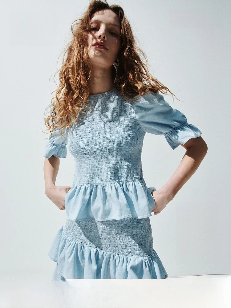 Hm2026 Summer New Women's Ruffled Denim Top Cotton Short Sleeve round Neck Casual Style Fashionable And Elegant Design
Hm2026 Summer New Women's Ruffled Denim Top Cotton Short Sleeve round Neck Casual Style Fashionable And Elegant Design