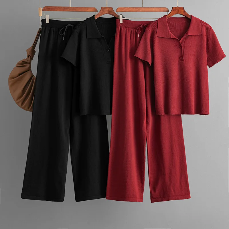 Polo Neck Ice Silk Knit 2-piece Set Women's Summer Sets New Button Short Sleeve T-shirt+Lae-up Elastic Waist Pants Casual Set
Polo Neck Ice Silk Knit 2-piece Set Women's Summer Sets New Button Short Sleeve T-shirt+Lae-up Elastic Waist Pants Casual Set