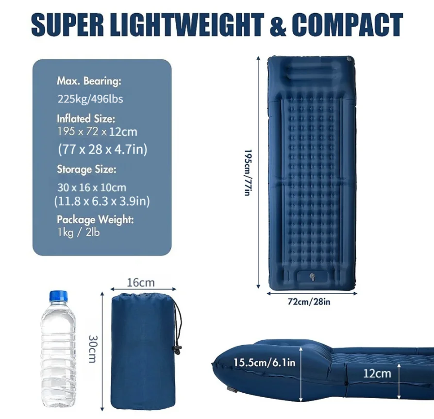 Outdoor inflatable foot pad, portable, outdoor camping inflatable mattress, lunch break sleeping pad, air mattress
Outdoor inflatable foot pad, portable, outdoor camping inflatable mattress, lunch break sleeping pad, air mattress