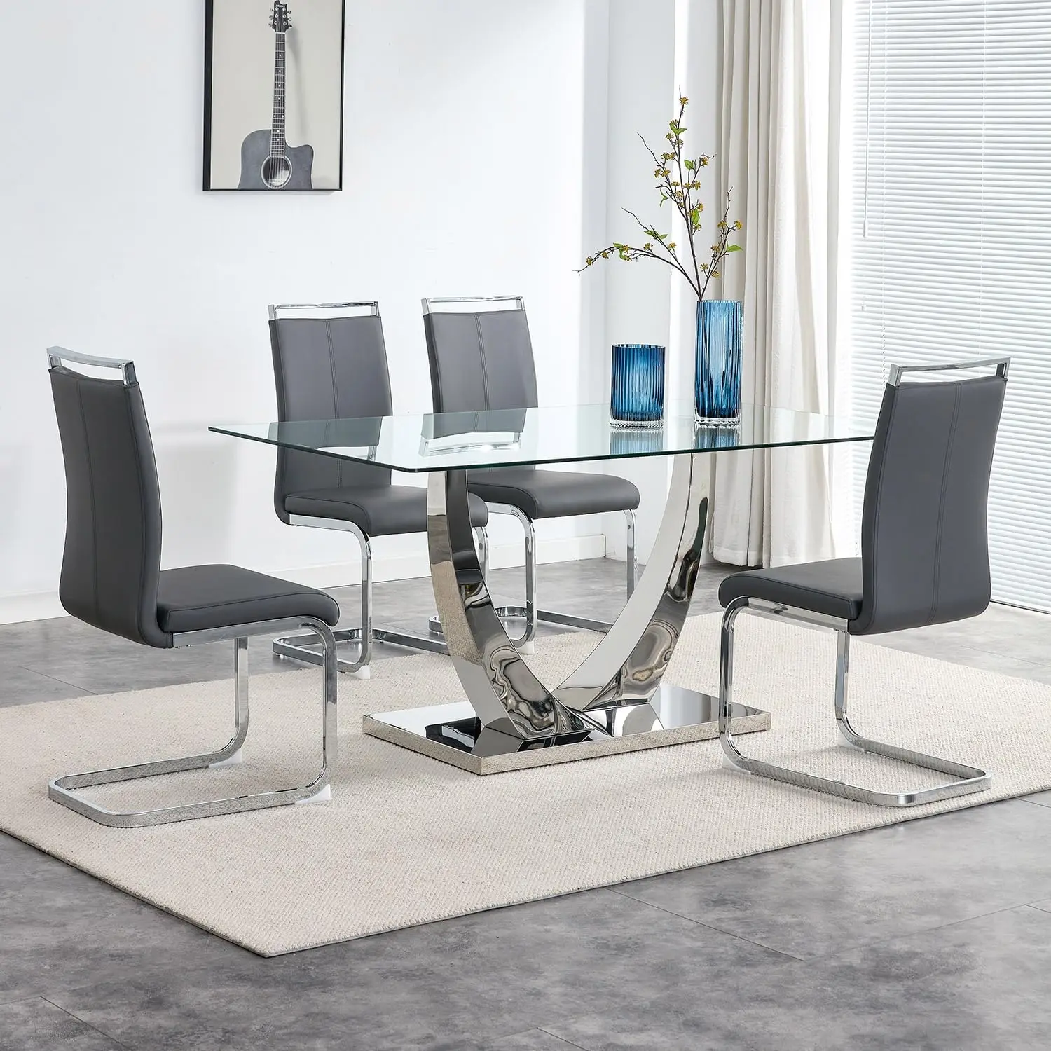 63” Glass Dining Table Set for 4,Modern Dining Room Table Set for 4, Kitchen Table and PU Leather Chairs, Dinner Table
63” Glass Dining Table Set for 4,Modern Dining Room Table Set for 4, Kitchen Table and PU Leather Chairs, Dinner Table