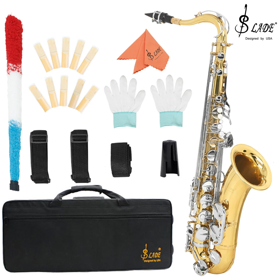 SLADE Bb Tenor Saxophone Golden Silver Key B Flat Tenor Sax Set with Carrying Case Mouthpiece Cleaning Brush Accessories
SLADE Bb Tenor Saxophone Golden Silver Key B Flat Tenor Sax Set with Carrying Case Mouthpiece Cleaning Brush Accessories