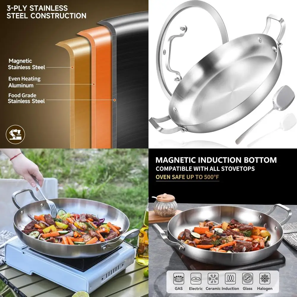 12-дюймовая сковорода для паэльи из трехслойной нержавеющей стали с крышкой, универсальная сковорода, сковорода для омлетов, большая сковорода, индукционная сковорода, сверхпрочная, для мытья в посудомоечной машине
12-дюймовая сковорода для паэльи из трехслойной нержавеющей стали с крышкой, универсальная сковорода, сковорода для омлетов, большая сковорода, индукционная сковорода, сверхпрочная, для мытья в посудомоечной машине