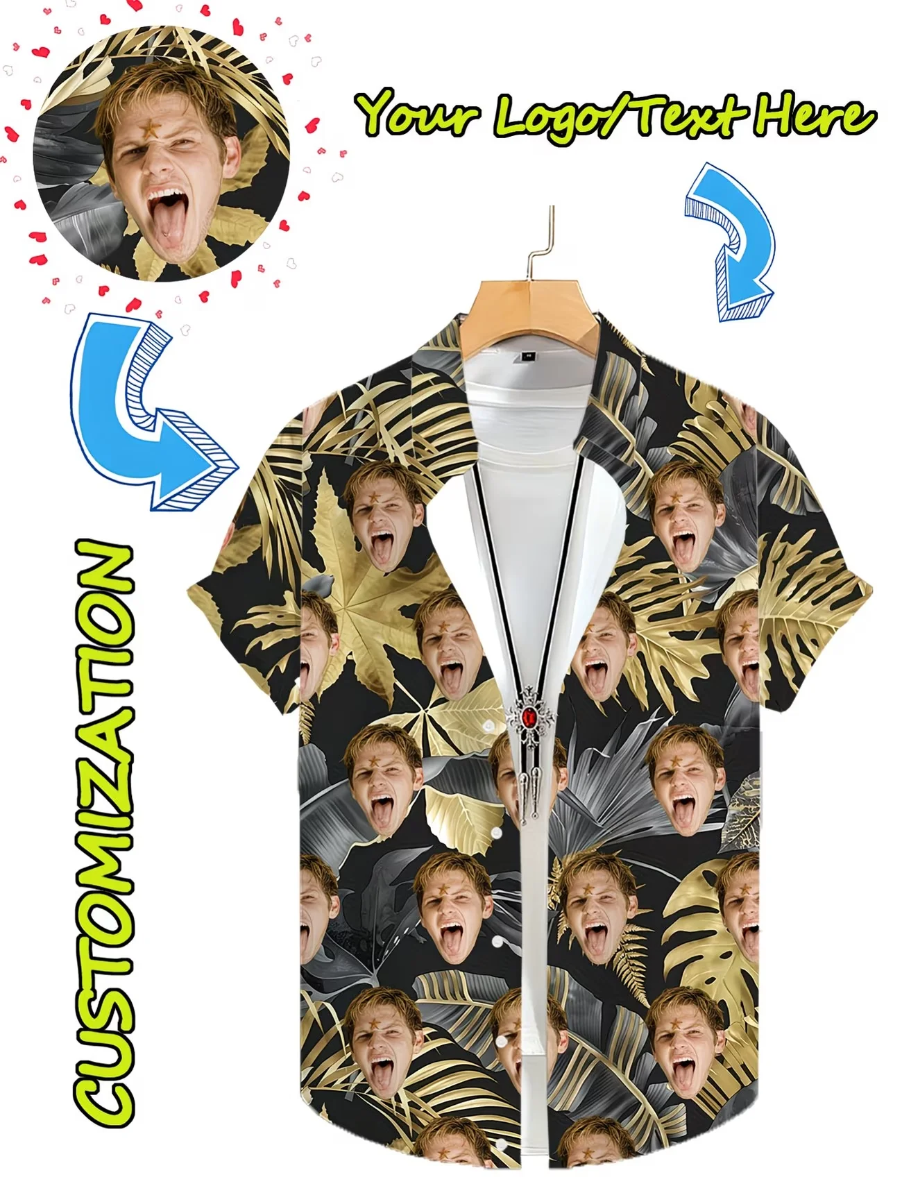 Customizable Face Gold Leaf Print Shirt Men Personalized Photo Hawaiian Beach Top Short Sleeve Funny Logo Text Gift Shirts
Customizable Face Gold Leaf Print Shirt Men Personalized Photo Hawaiian Beach Top Short Sleeve Funny Logo Text Gift Shirts