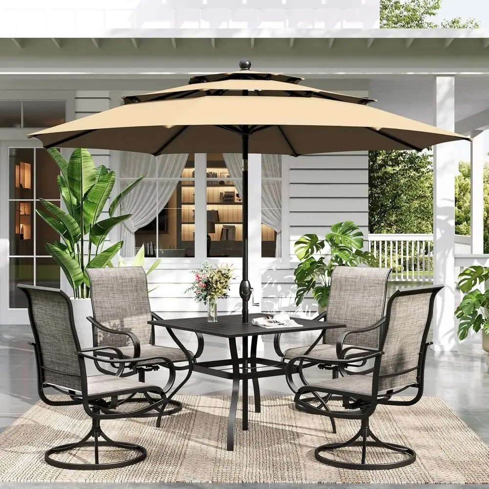 6-Piece Outdoor Dining Set with Beige 3-Tier Umbrella, Swivel Chairs, and Patio Table for Garden Backyard
6-Piece Outdoor Dining Set with Beige 3-Tier Umbrella, Swivel Chairs, and Patio Table for Garden Backyard