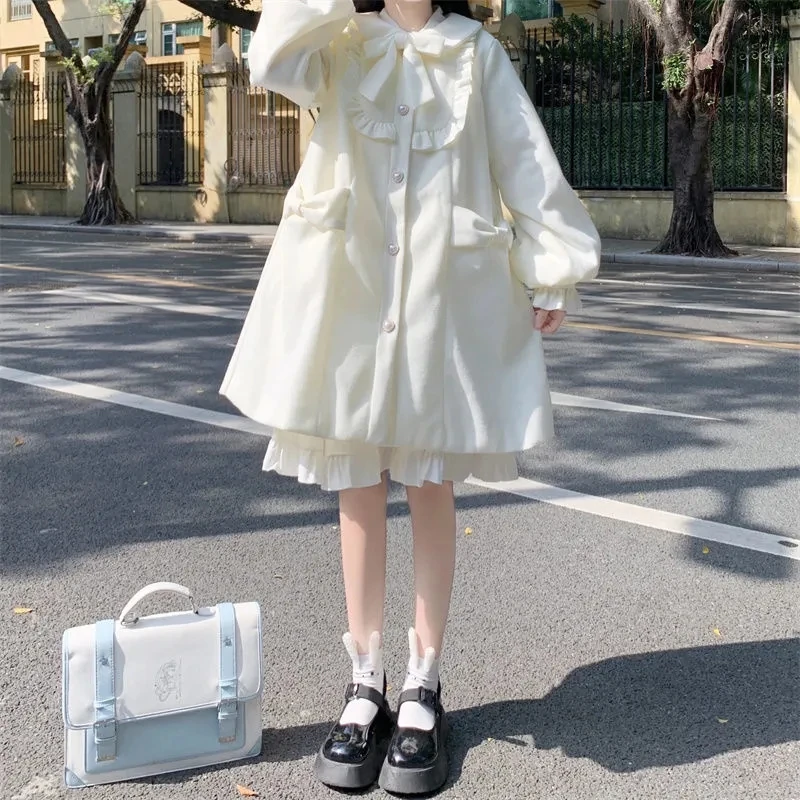 Autumn Winter Warm Kawaii Sweet Coat Women White Japanese Cute Long Wool Coat Female Peter Pan Collar Loose Korean Overcoat
Autumn Winter Warm Kawaii Sweet Coat Women White Japanese Cute Long Wool Coat Female Peter Pan Collar Loose Korean Overcoat