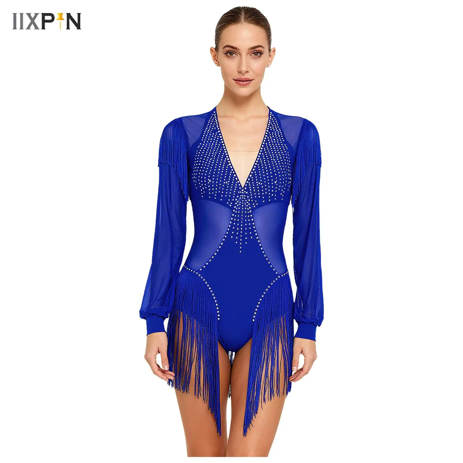 Womens Latin Tango Leotard Bodysuit Sheer Mesh Patchwork Shiny Rhinestones Tassel Long Sleeve Jumpsuit for Salsa Figure Skating
Womens Latin Tango Leotard Bodysuit Sheer Mesh Patchwork Shiny Rhinestones Tassel Long Sleeve Jumpsuit for Salsa Figure Skating
